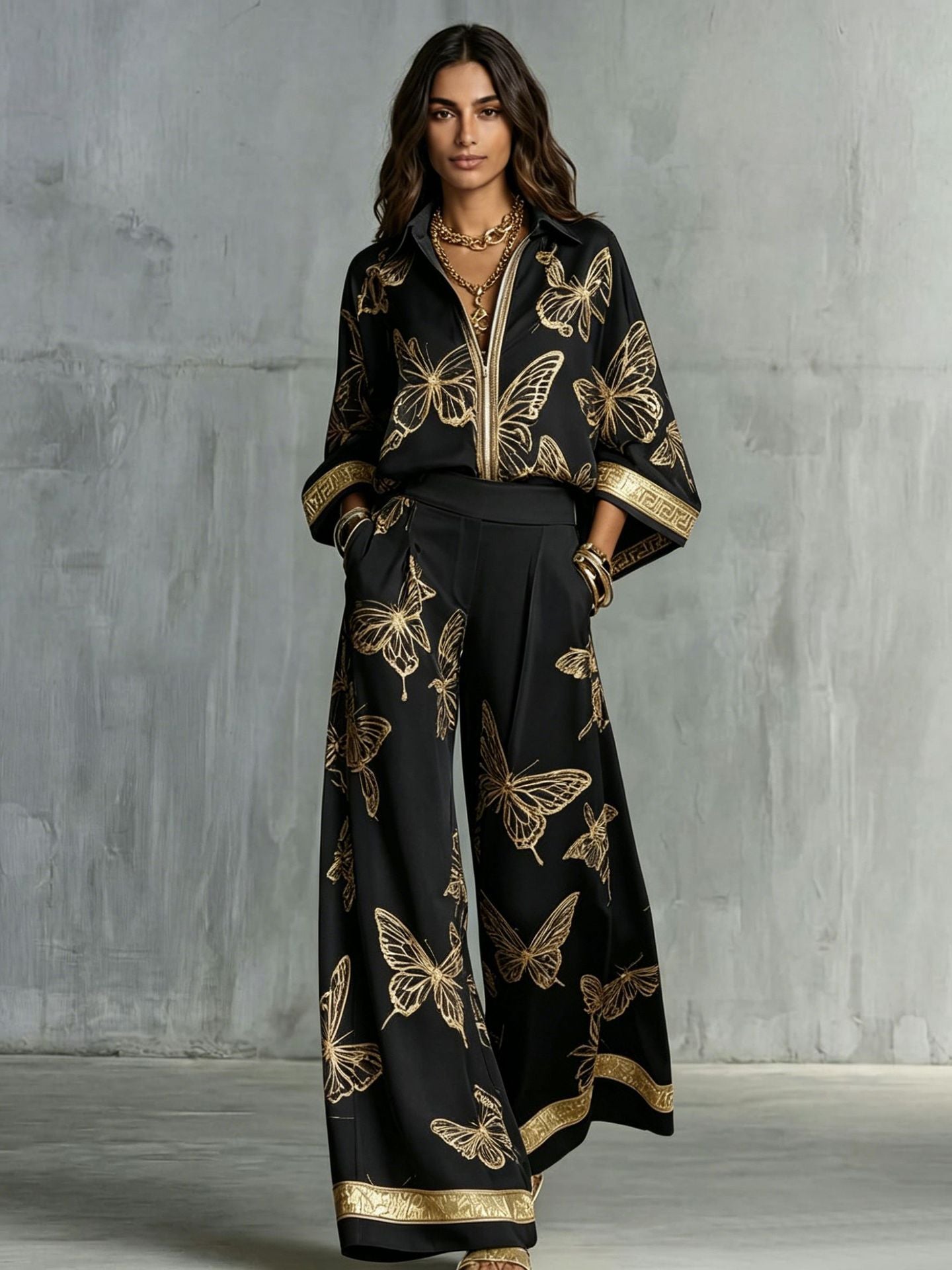 Deep V-Neck Zipper Top and Wide Leg Pants Two-Piece Set