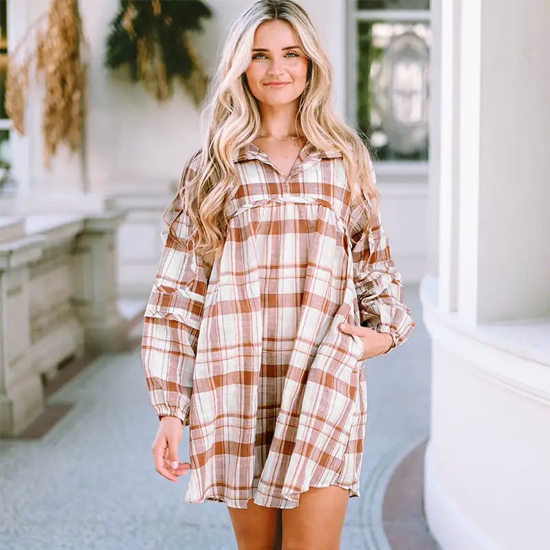 Women's Long Sleeve Plaid Mini Dress in Brown Fall Fashion - Image 5