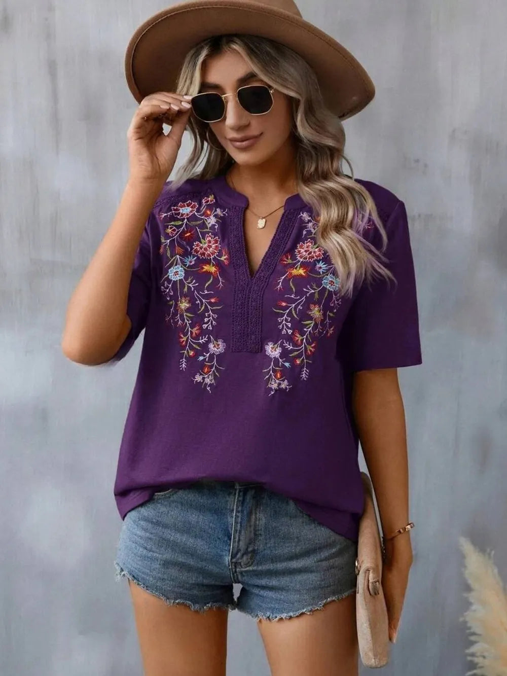 Boho Floral Embroidered Notched V-Neck Lace Trim Top