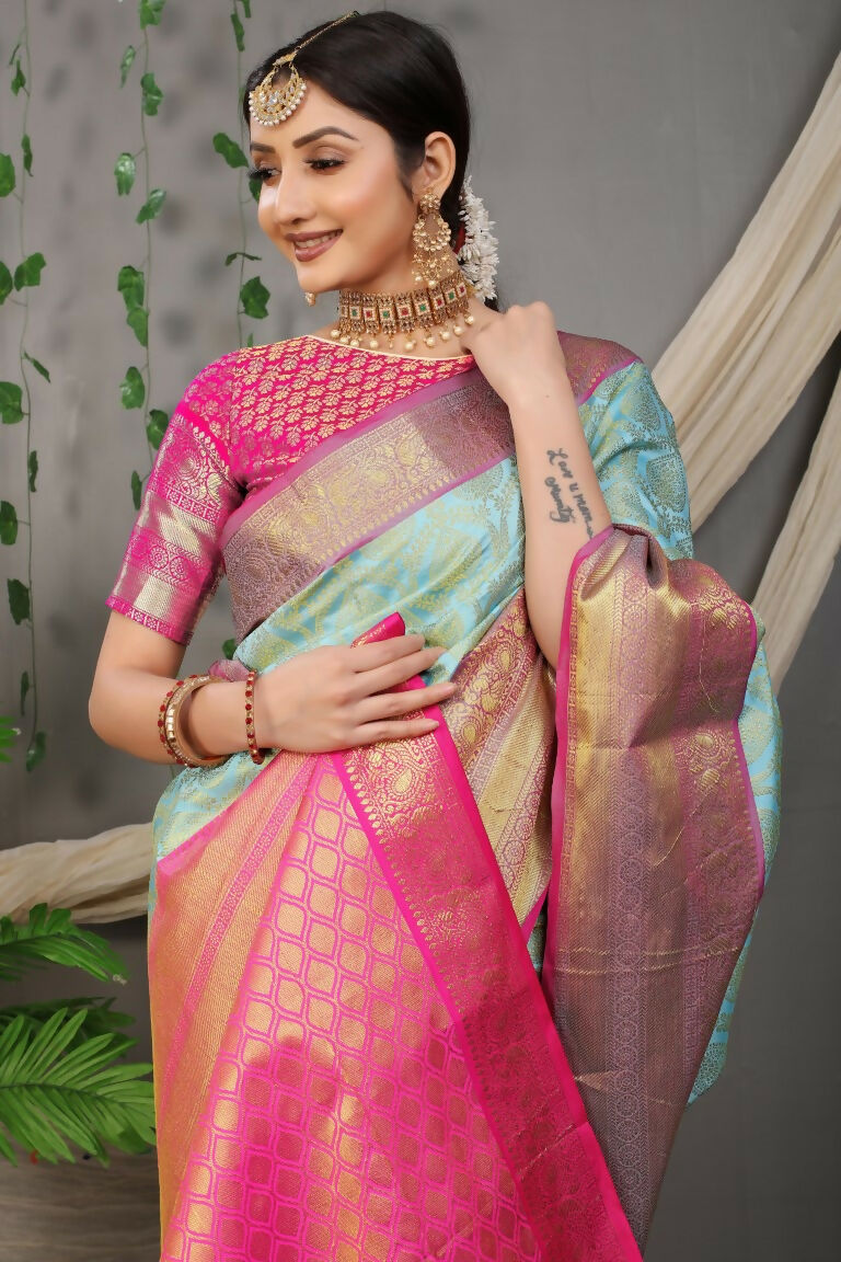 Sky Blue Kanjivaram Silk Saree with Pink Blouse and Zari Woven Work