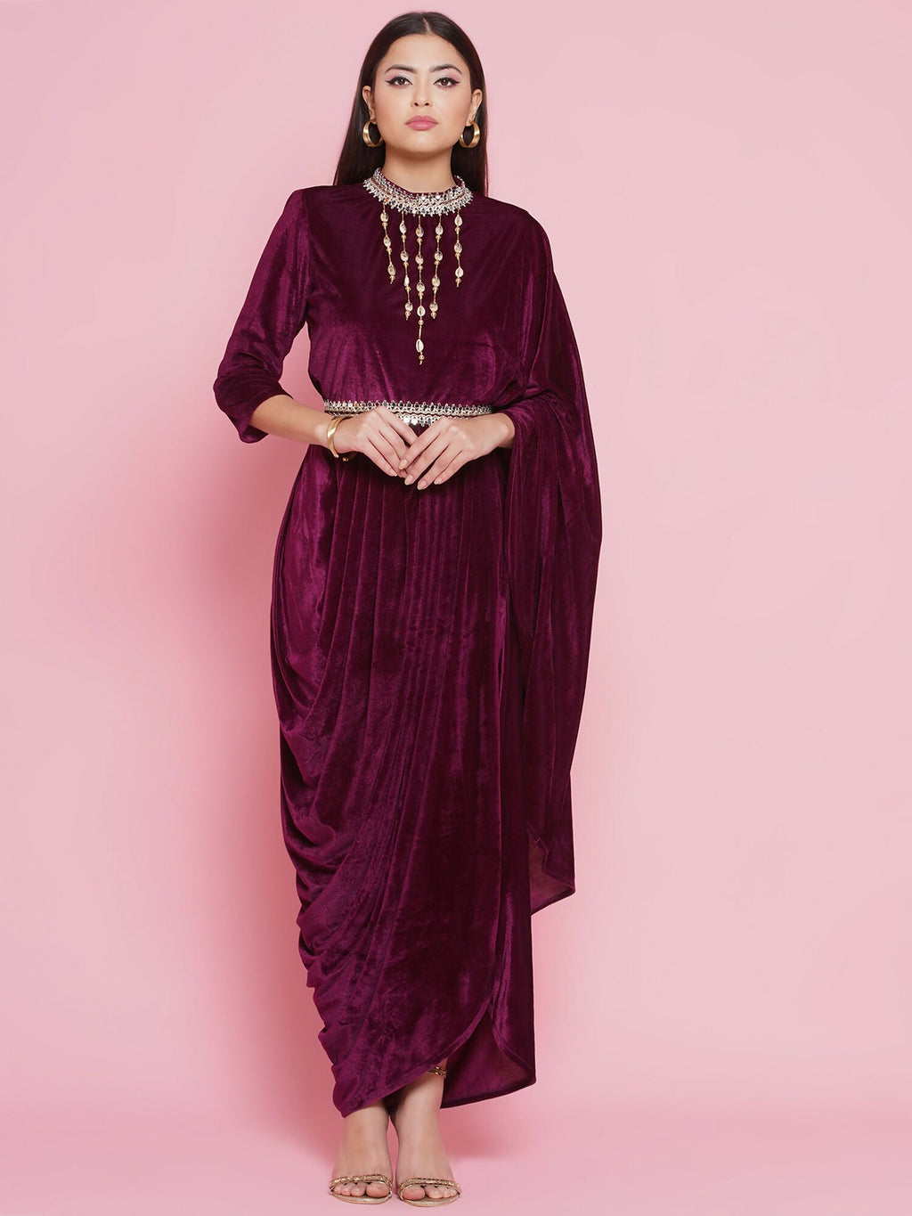 Wine Velvet Drape Kurta and Pant Set - Sophisticated Evening Wear