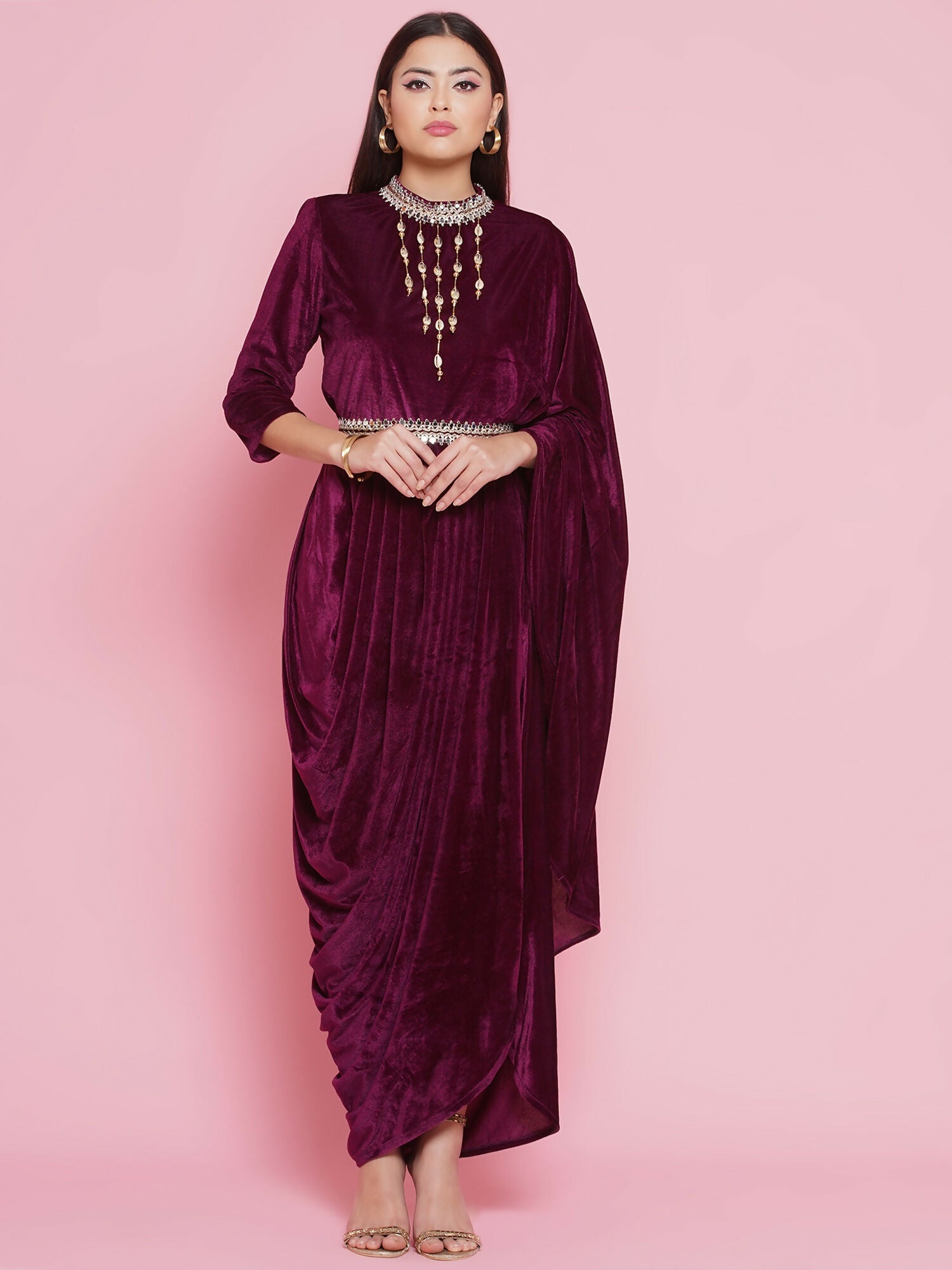 Wine Velvet Drape Kurta and Pant Set - Sophisticated Evening Wear