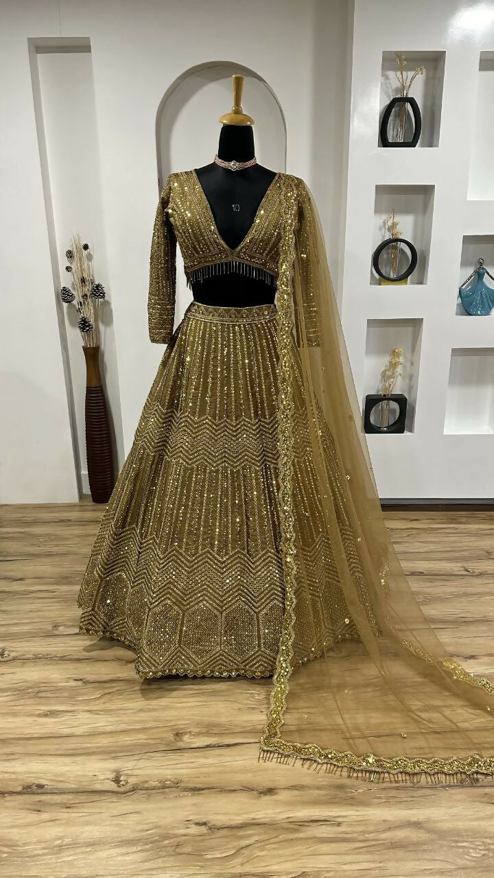 Beige Kasturi Silk Georgette Sequins and Dori Embroidered Lehenga