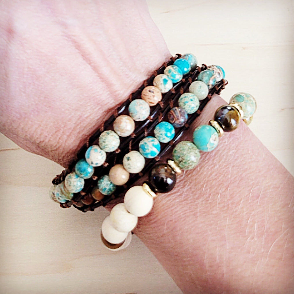 Genuine Jasper and Tigers Eye Adjustable Boho Beaded Bracelet