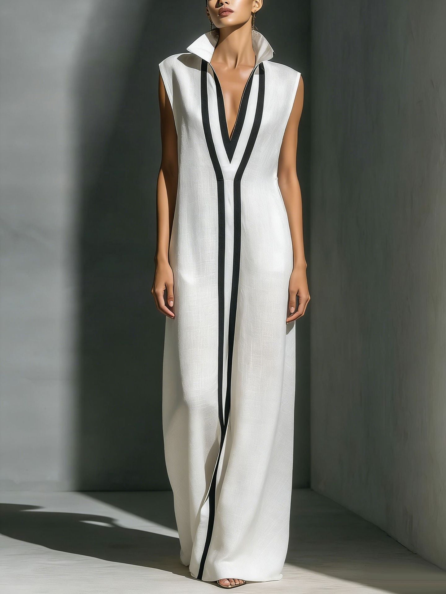 Women's V-Neck Color-Block Sleeveless A-Line Maxi Dress - Image 6