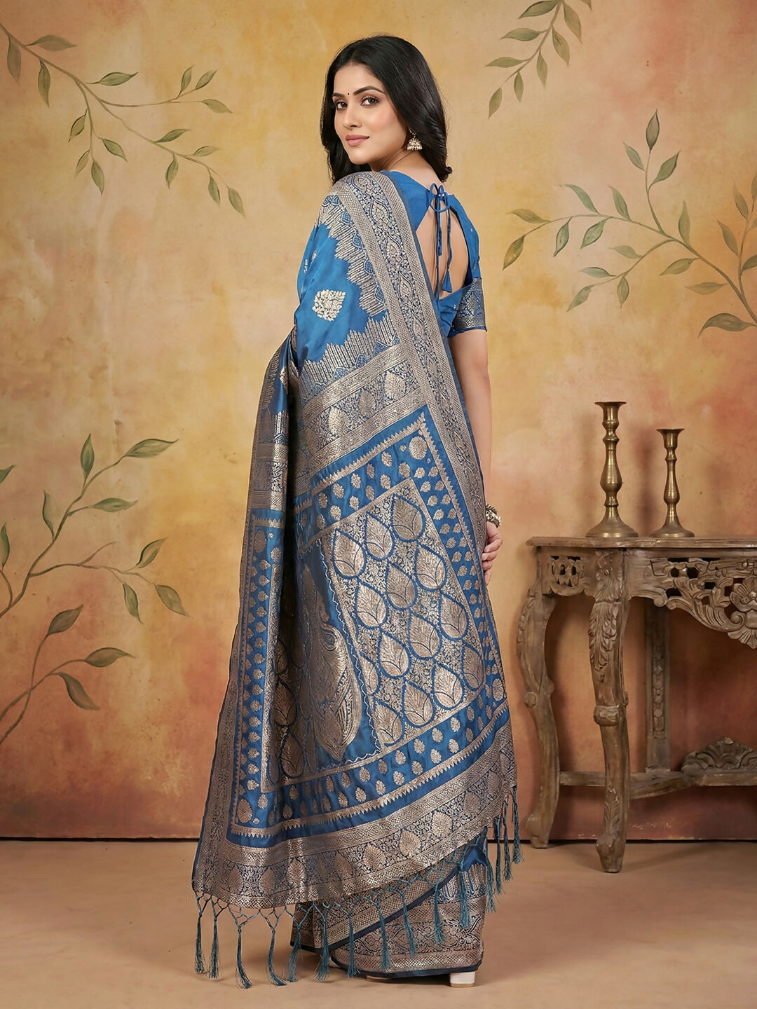 Sky Blue Silk Blend Saree with Matching Blouse Piece