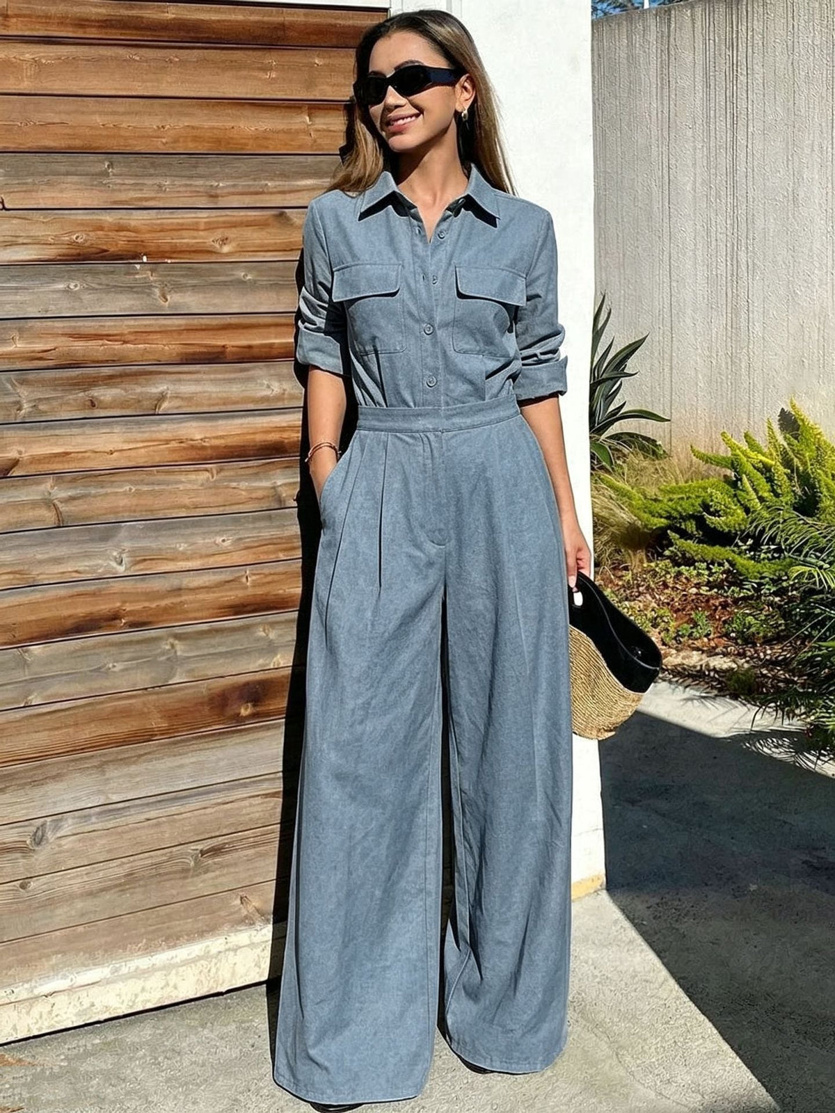 Women's Collar Long Sleeve Jumpsuit – Loose Fit Full Length