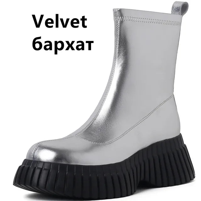 Women's Metallic Silver & Black Denim Platform Ankle Boots - Image 6