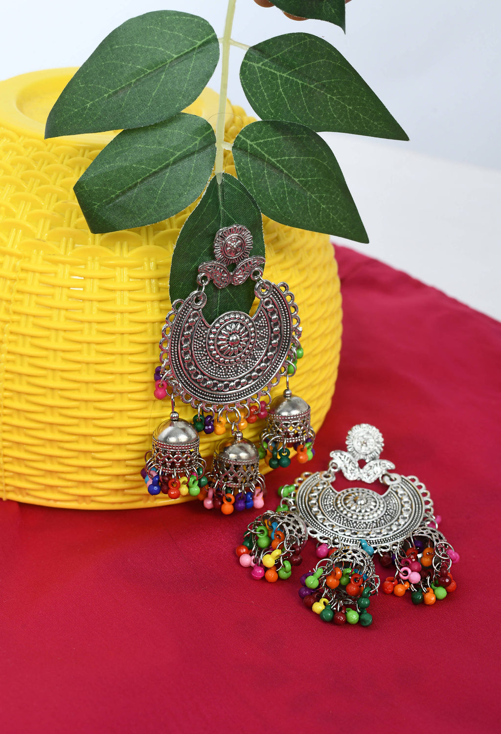 Silver and Multicolor Jhumka Earrings with Maang Tikka Set
