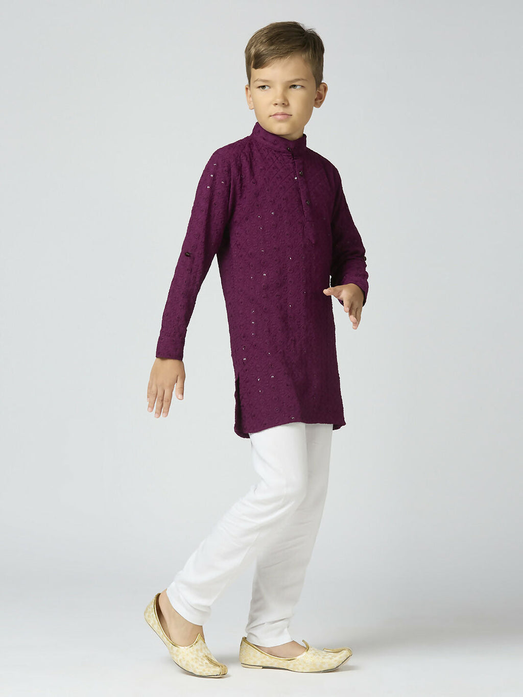 Boys Cotton Kurta and Pyjama Set with Sequin Work in Wine