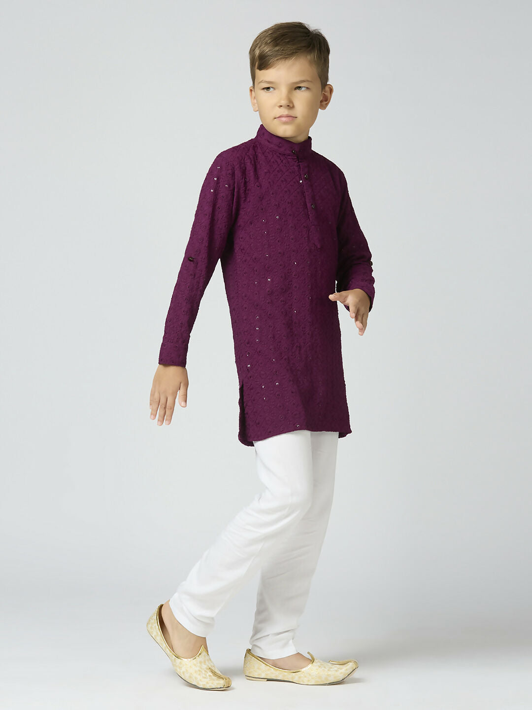 Boys Cotton Kurta and Pyjama Set with Sequin Work in Wine
