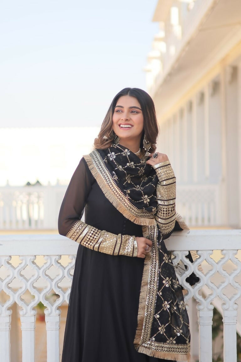 Black Faux Blooming Anarkali Dress with Sequins Zari Embroidery