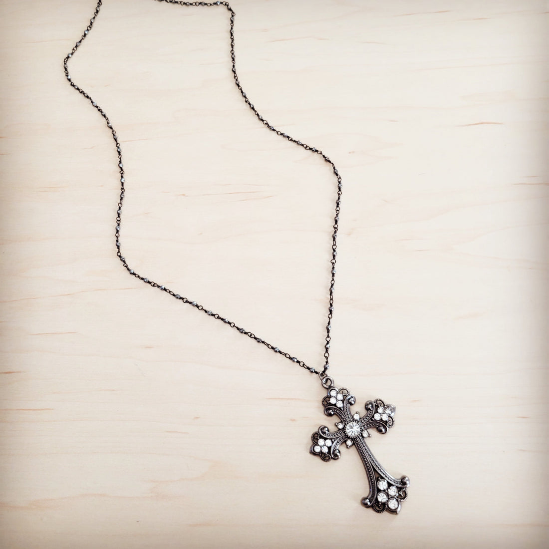 Victorian Filigree Cross Necklace with Gunmetal Finish and Stones