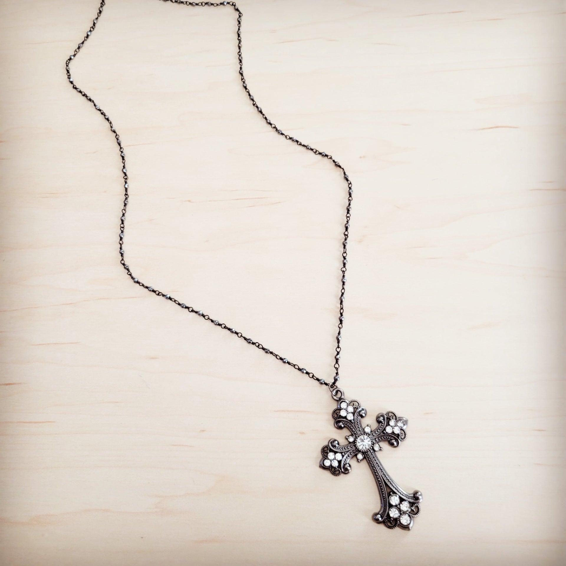 Victorian Filigree Cross Necklace with Gunmetal Finish and Stones