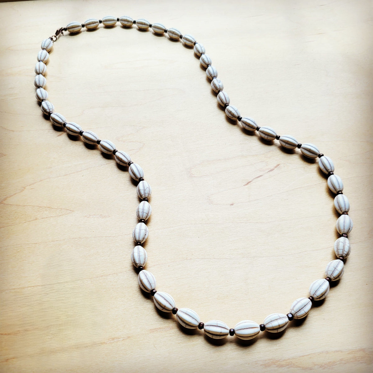 White Turquoise & Wood Beaded Necklace 36"