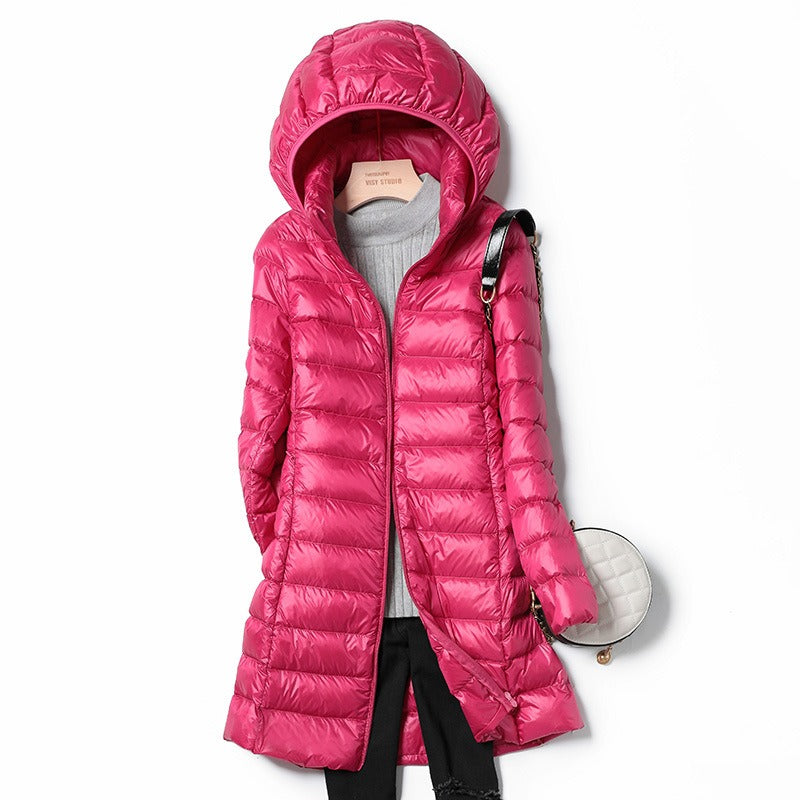 Women's Harajuku Oversized Mid-Length Hooded Down Jacket Pink Taupe - Image 5