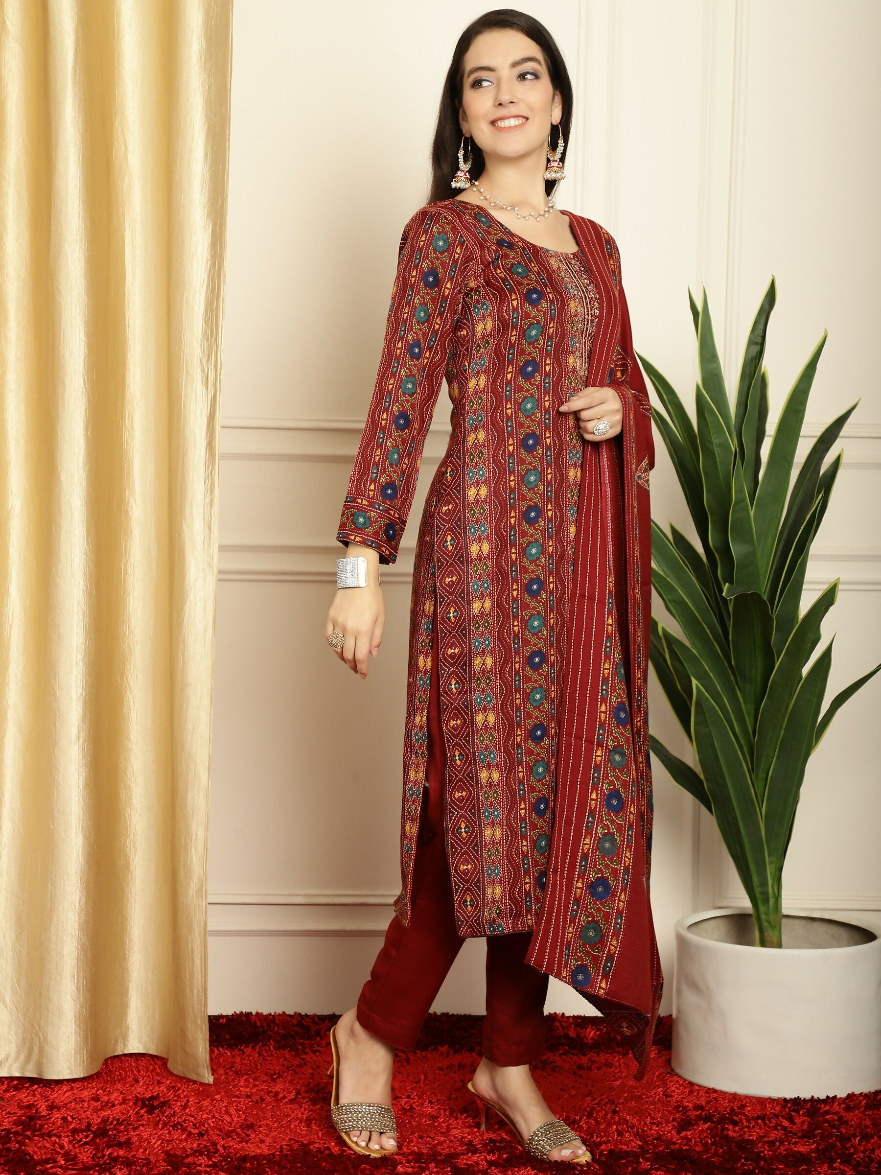 Jyoti Fashion Women's Maroon Pashmina Floral Digital Printed Kurta with Trouser & Dupatta