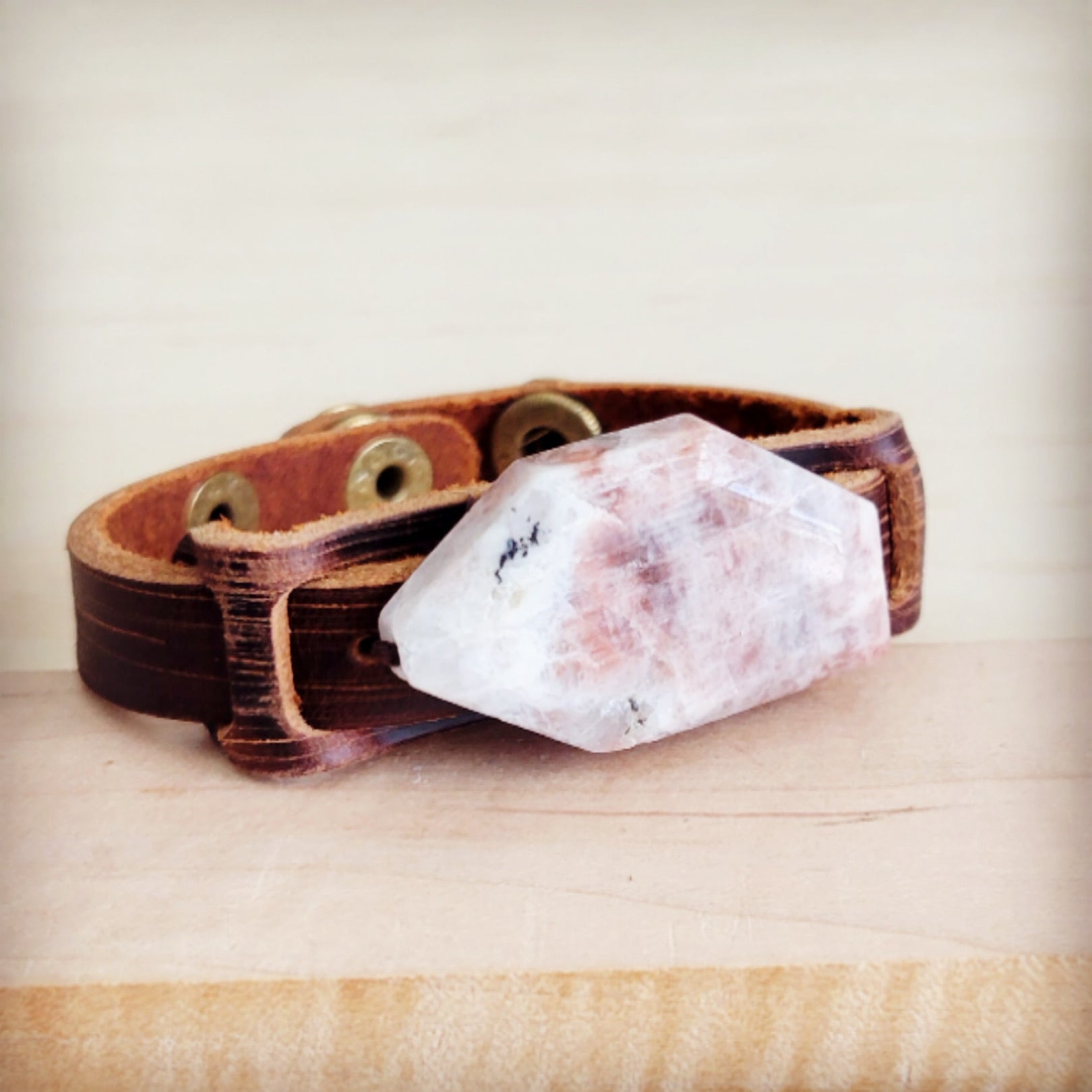 Sunstone Slab Narrow Brown Leather Cuff Bracelet - Image 4