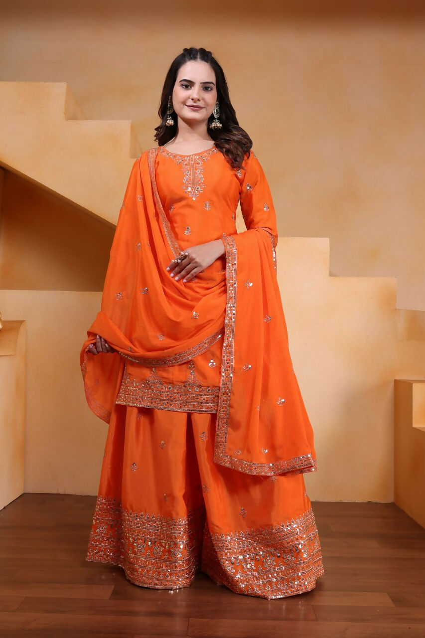 Orange Silk Embroidered Sharara Set for Wedding Guest Wear