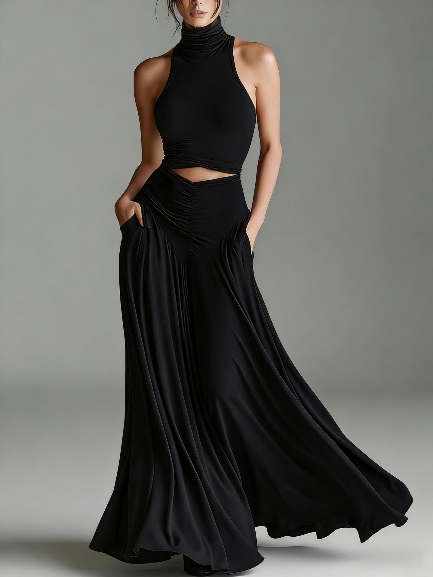 Women's Sleeveless High-Neck Top and Long A-Line Dress Set