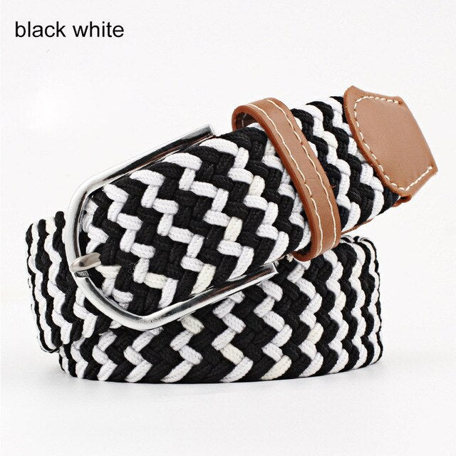 Women's Elastic Woven Belt with Faux Leather Trim & Metal Buckle - Image 9