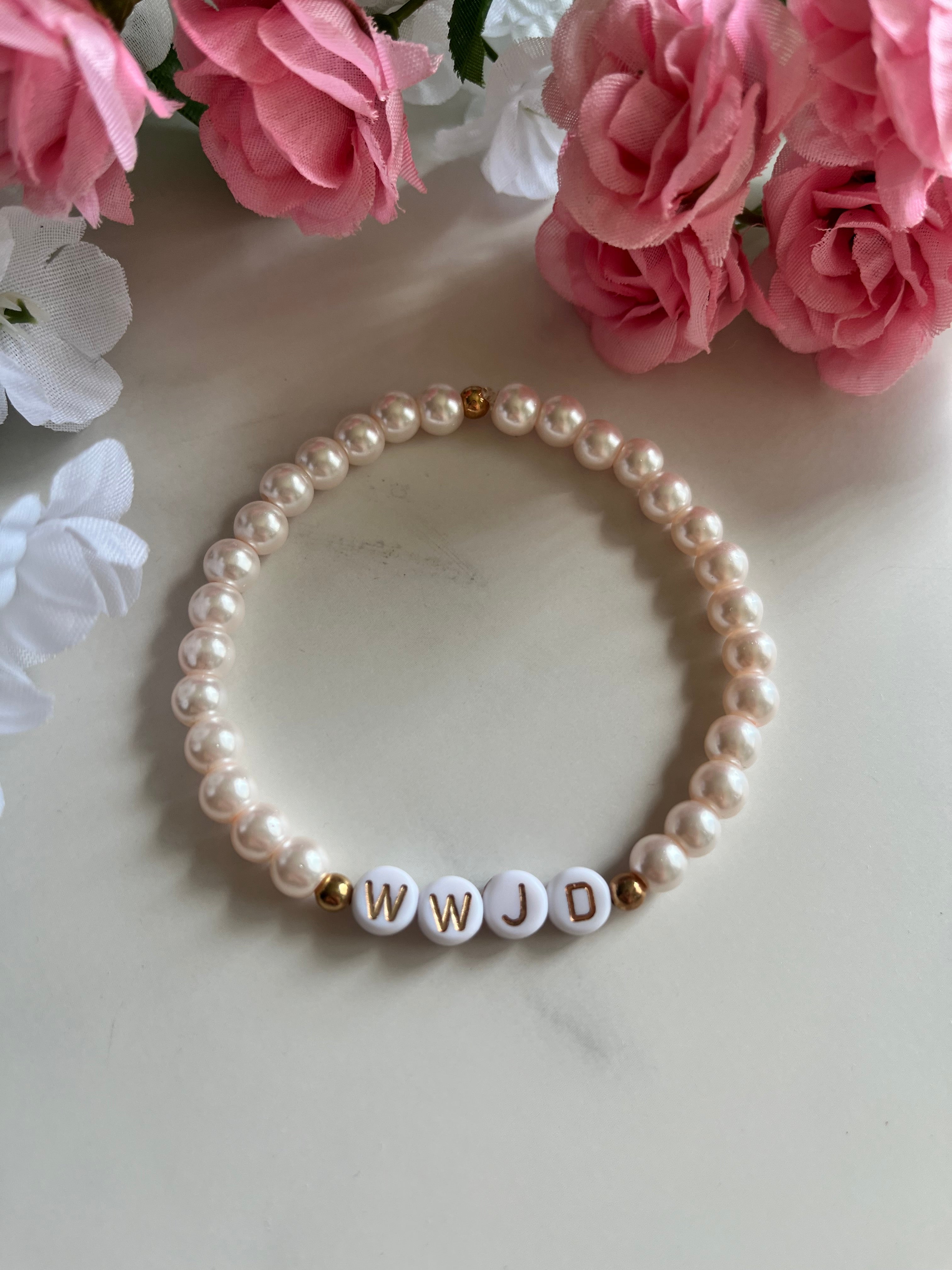 WWJD Faith Bead Bracelet Glass Pearl and Natural Stone
