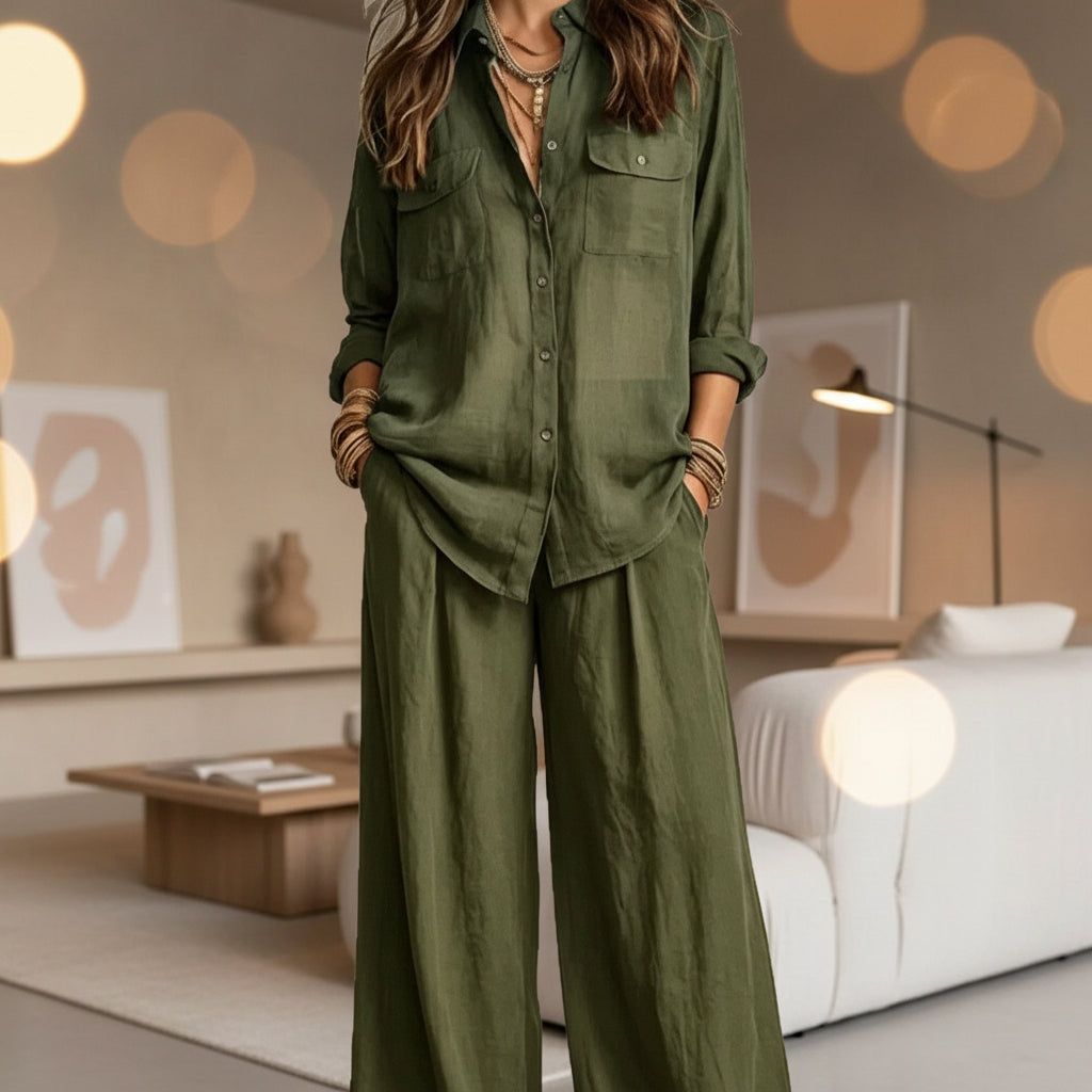 Women's Linen Two-Piece Set – Long Sleeve Shirt & Wide-Leg Pants