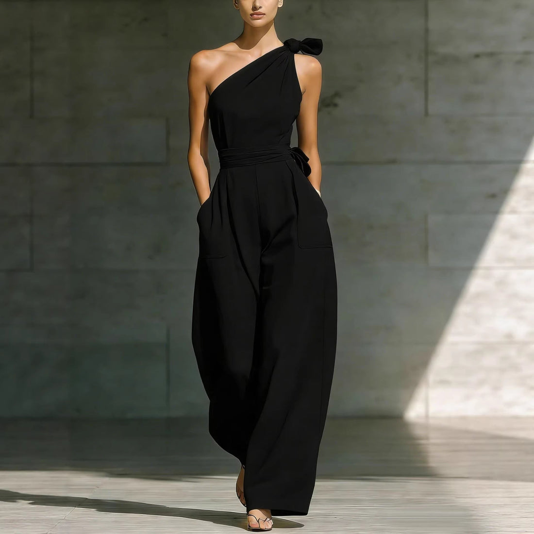 Women's One-Shoulder Wide Leg Jumpsuit with Waist Tie Detail - Image 5