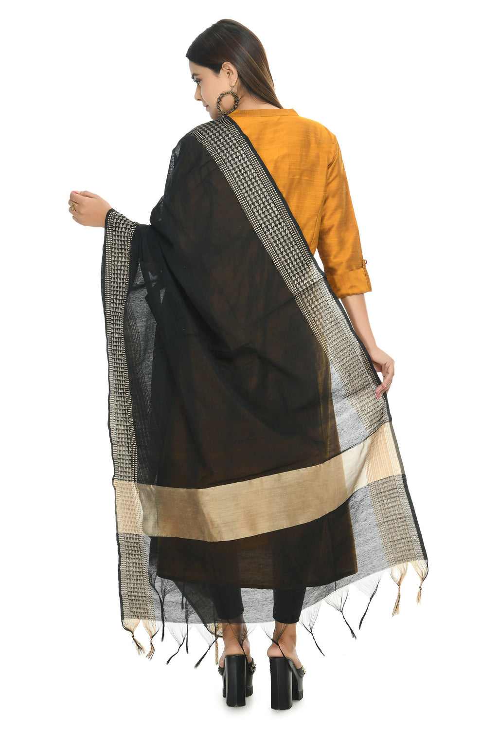 Black Handloom Cotton Dupatta with Geometric Print for Women
