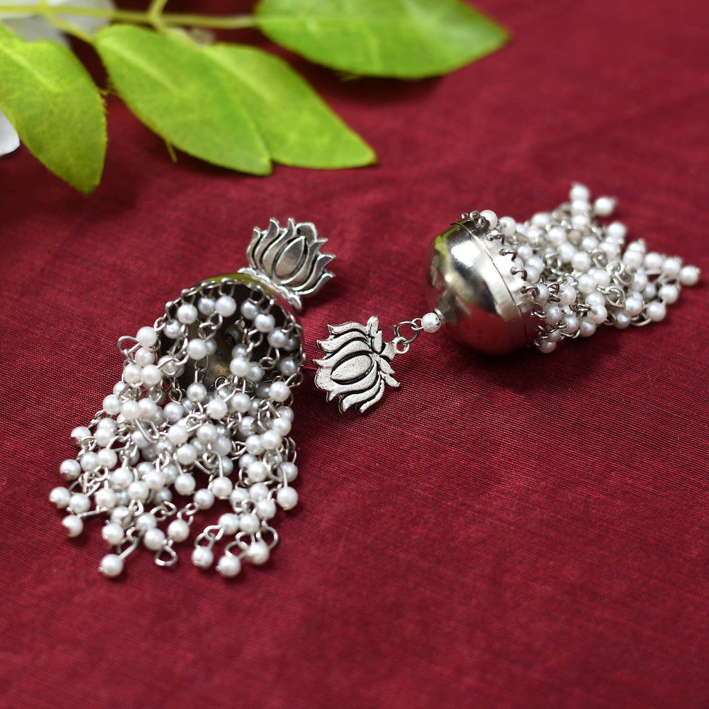 Lotus Design Jhumka Earrings with Pearl Accents