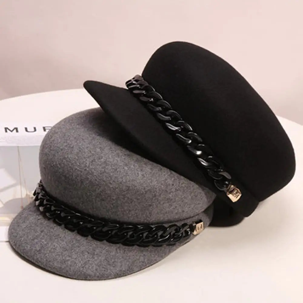 Women's Wool Newsboy Cap with Chain Detail Retro Felt Hat - Image 2