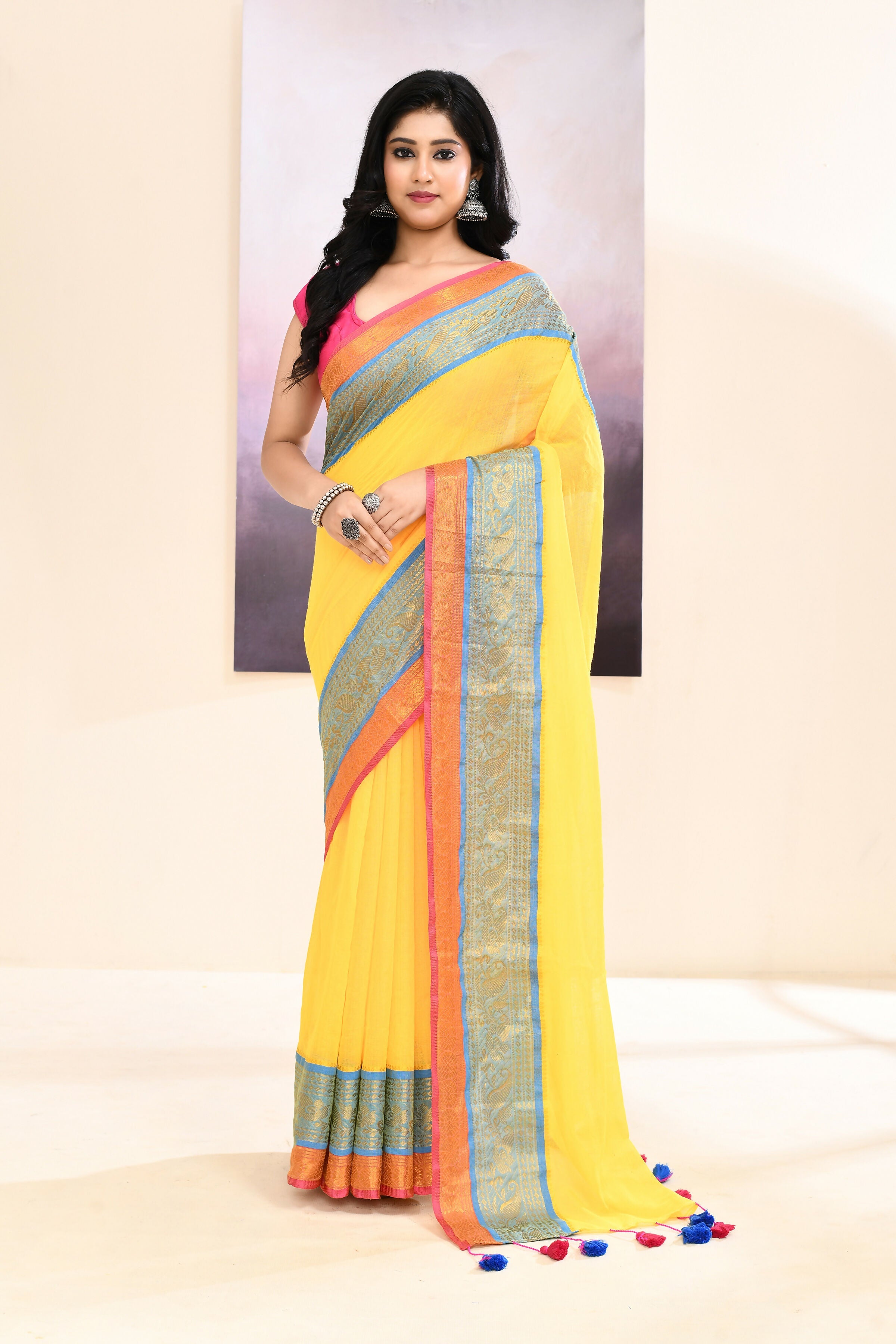 Yellow Embellished Zari Border Cotton Saree
