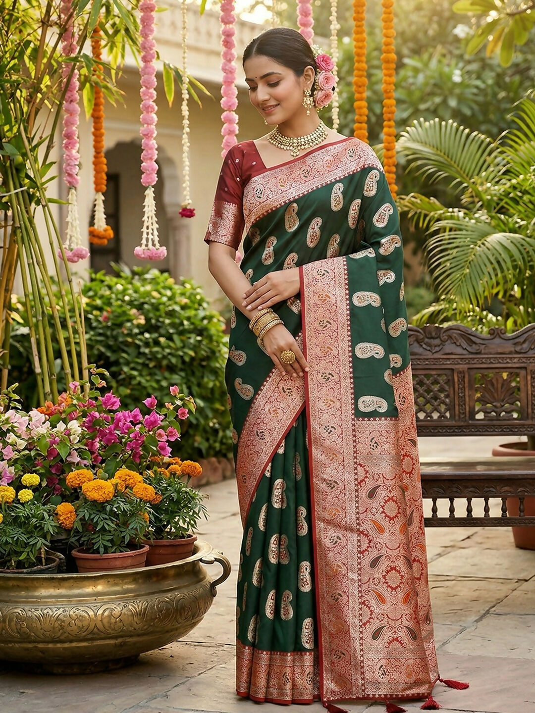 Beautiful green silk blend saree with matching blouse piece draped elegantly.