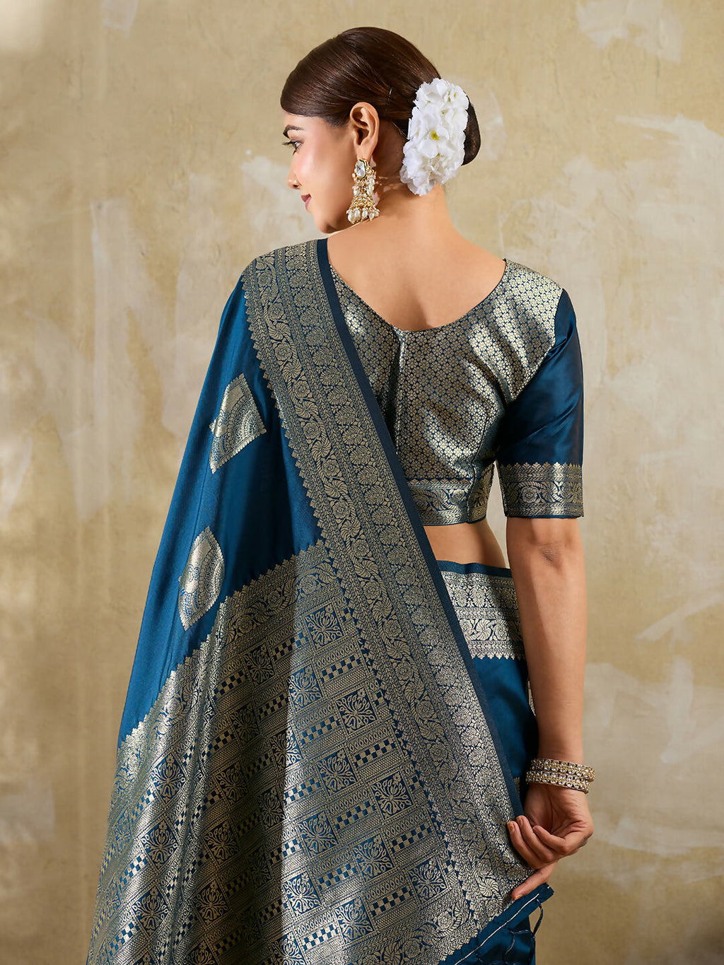 Teal Blue Silk Blend Saree with Matching Blouse Piece