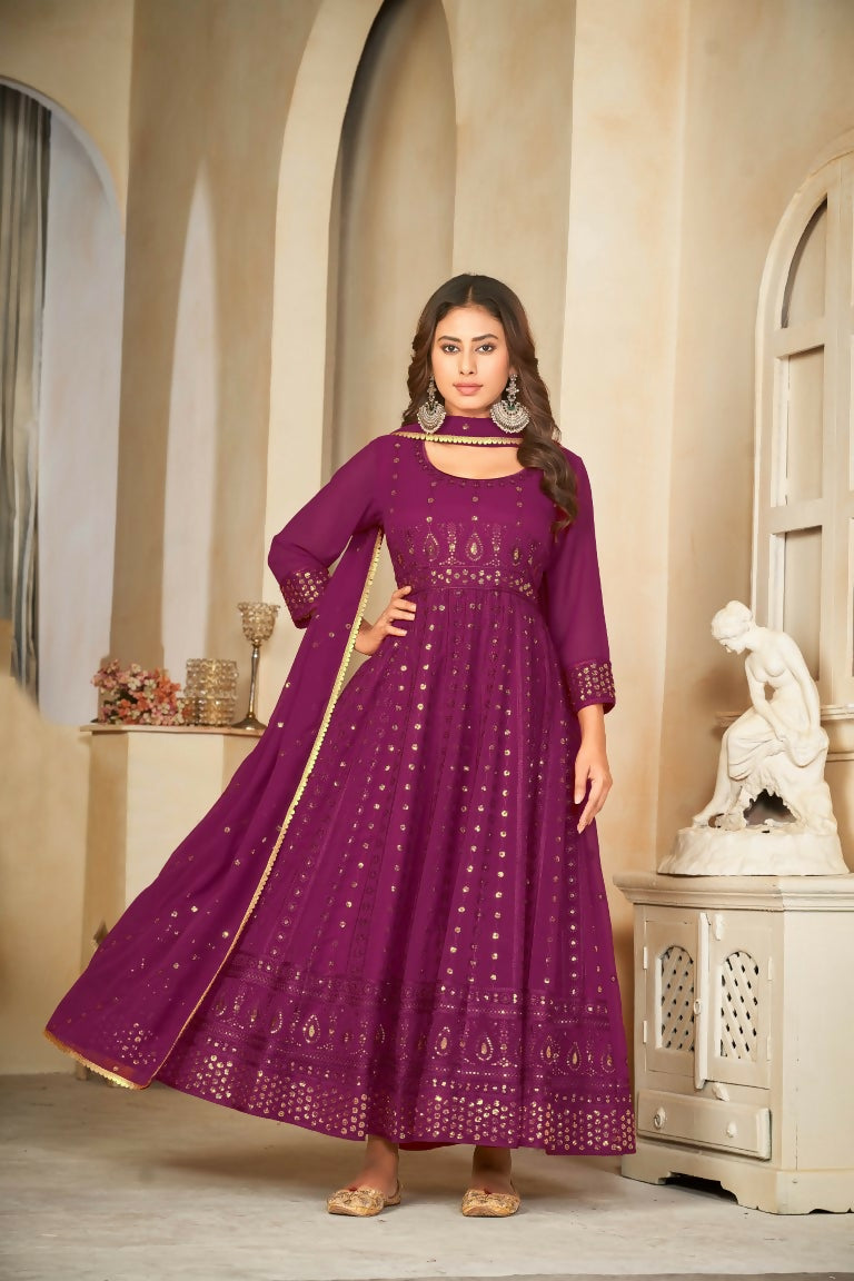 Elegant wine colored georgette Anarkali suit set with intricate embroidery