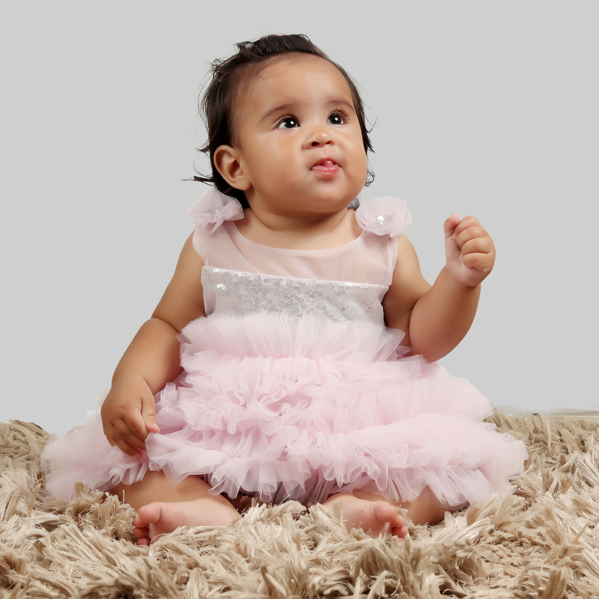 Girls Pink and Grey Sequin Gown with Frill Hem and Floral Detail
