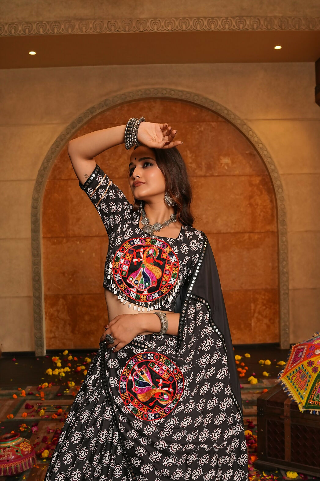 All-Black Designer Navratri Lehenga Choli in Crepe Fabric