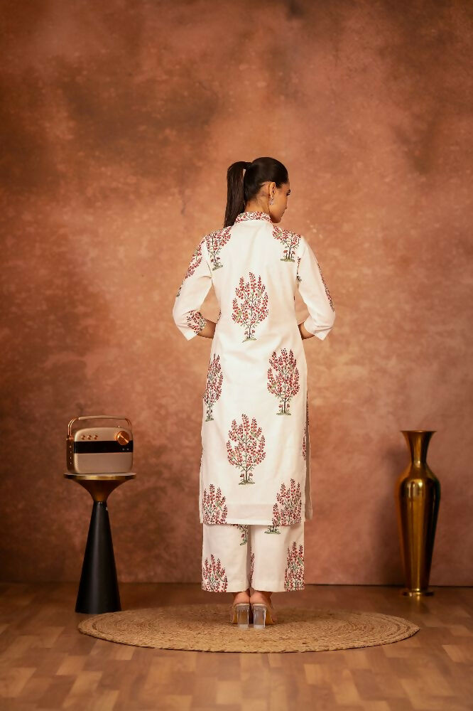 Off White Pink Hand Block Printed Cotton Suit Set