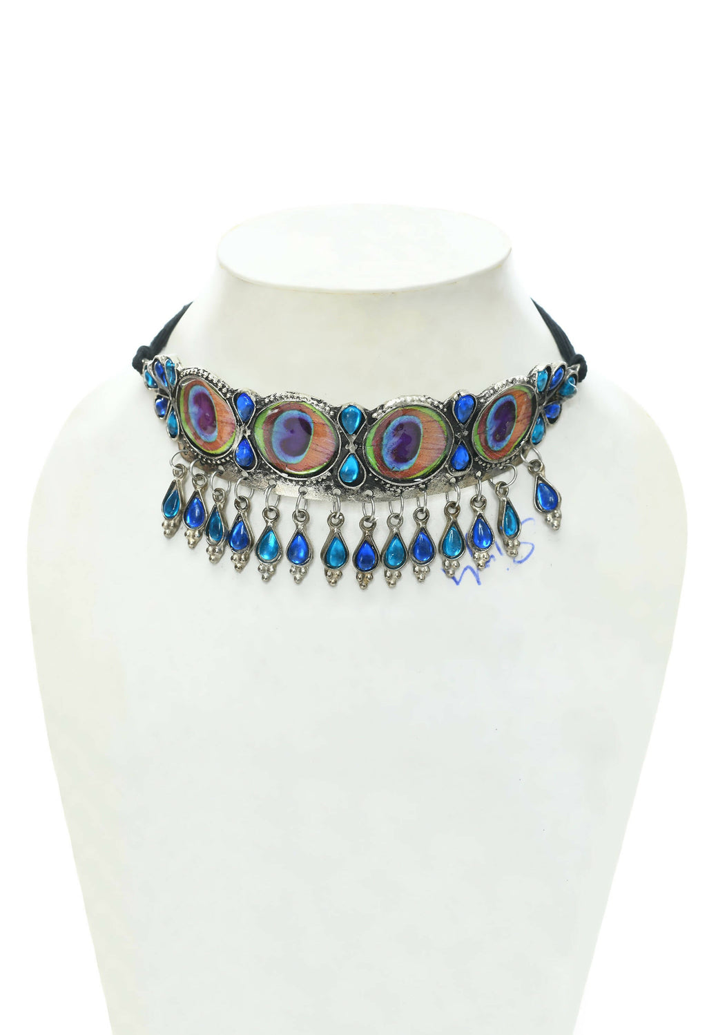 Peacock Wings Choker Necklace in Oxidised Silver-Plated Brass