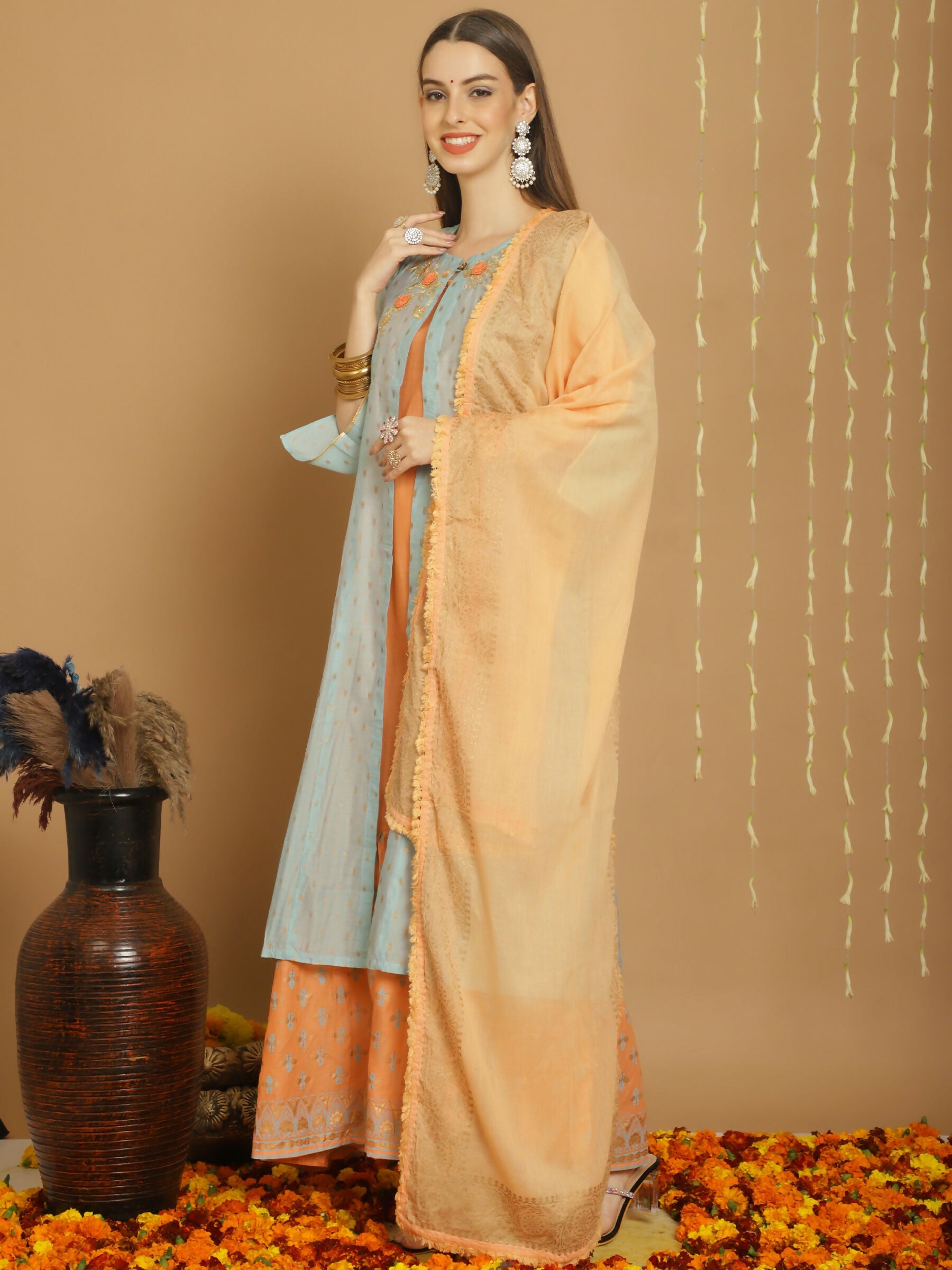 Turquoise Chanderi Silk A-Line Kurta Set with Jardoshi Work
