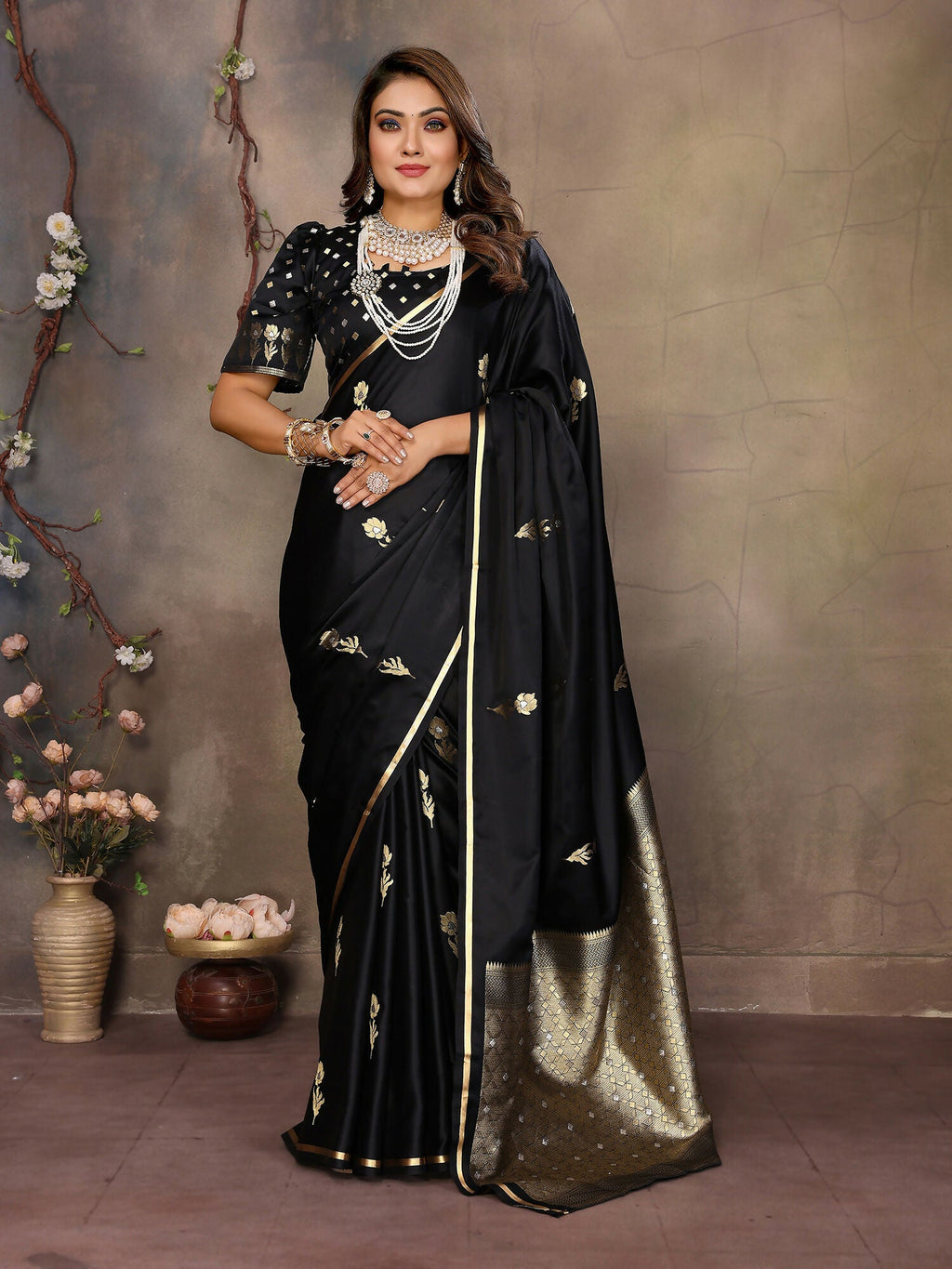 Black Satin Silk Banarasi saree with detailed floral and botanical motifs