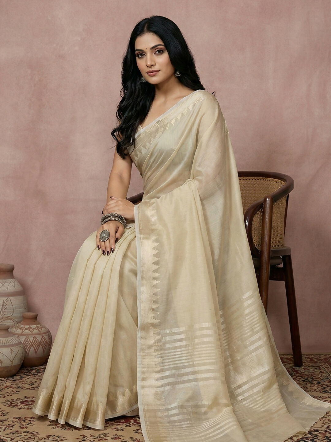 Elegant Cream Cotton Saree with Matching Blouse Set