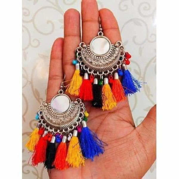 Multicolor thread tassel dangle earrings with silver-toned base for bohemian look