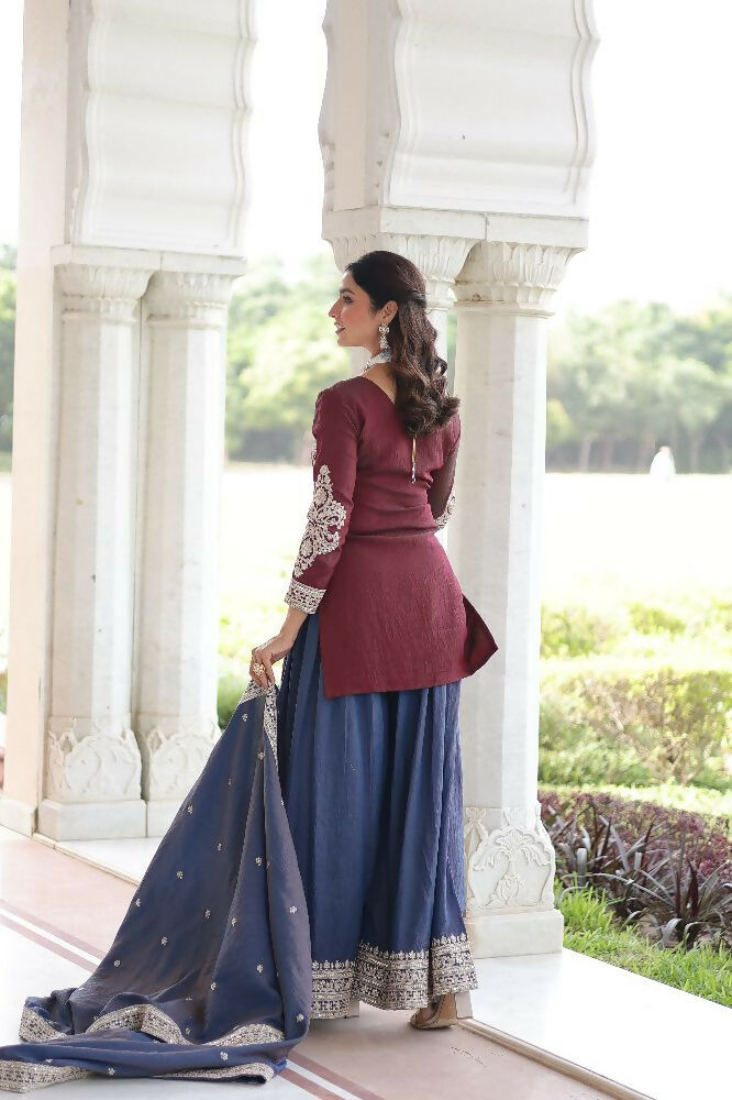 Maroon Silk Kurta Set with Sequins, Zari & Thread Embroidery