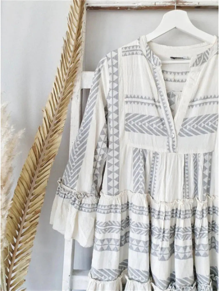Women's Geometric Print V-Neck Maxi Dress