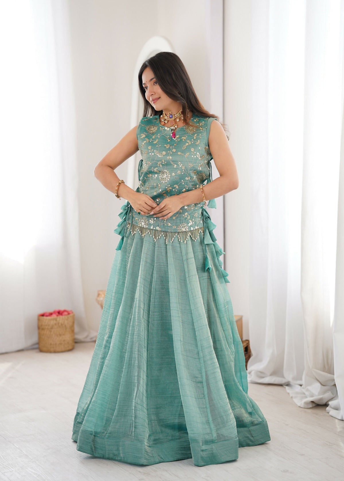 Skyblue Salsa Crush Lehenga Choli with Koti Set