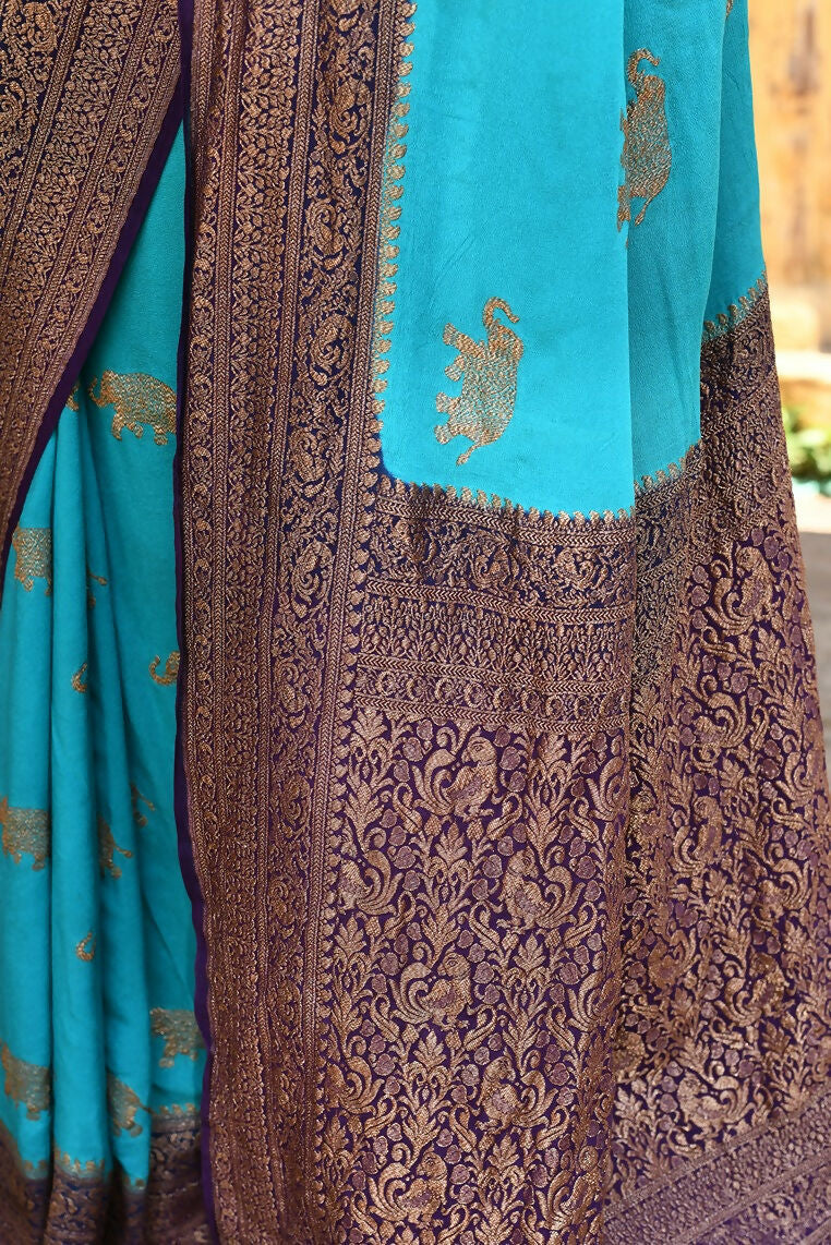 Sky Blue Crepe Chiffon Pure Handloom Banarasi Silk Saree
