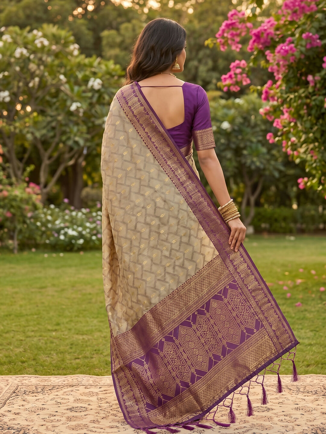 Chiku With Purple Cotton Saree - Comfortable Ethnic Wear