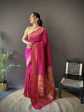 Rani Pink Jacquard Butti Soft Lichi Silk Paithani Saree with matching blouse