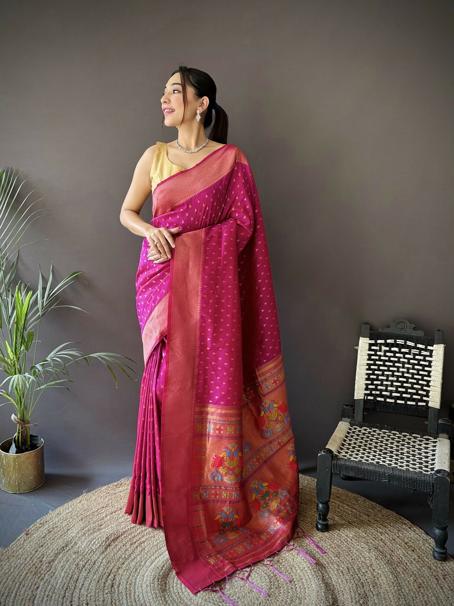 Rani Pink Jacquard Butti Soft Lichi Silk Paithani Saree with matching blouse